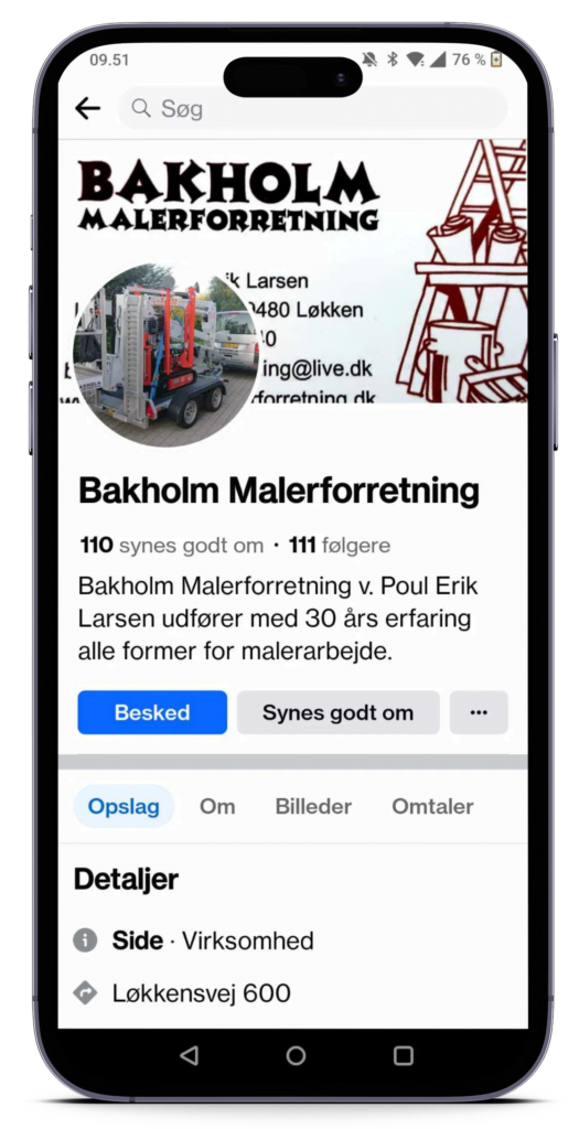 Bakholm Malerforretning profil på Facebook med kontaktinfo