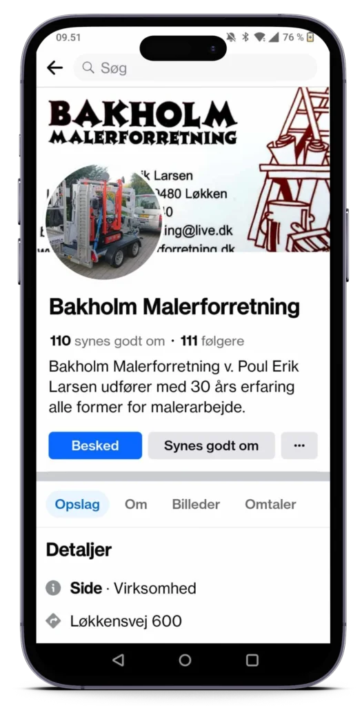 Bakholm Malerforretning profil på Facebook med kontaktinfo